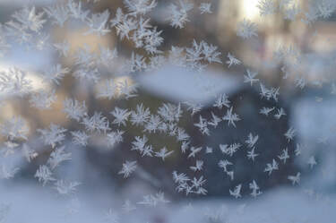 Closeup of snowflakes on a window pane.