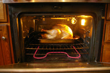 Turkey cooking in oven. My goose is cooked! Time is up!